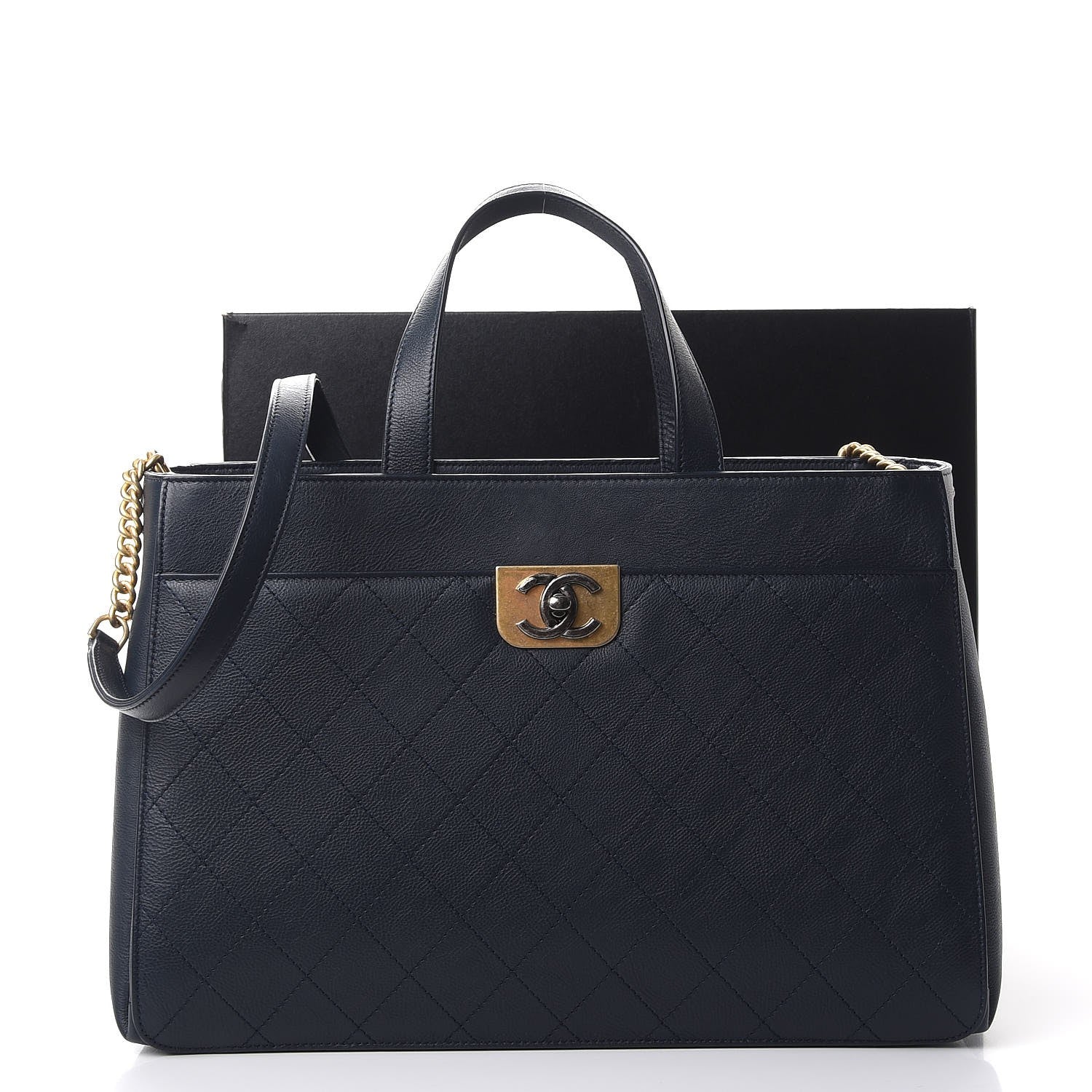 Chanel Calfskin Stitched Large Straight Lines Shopping Tote Navy 11 of 11