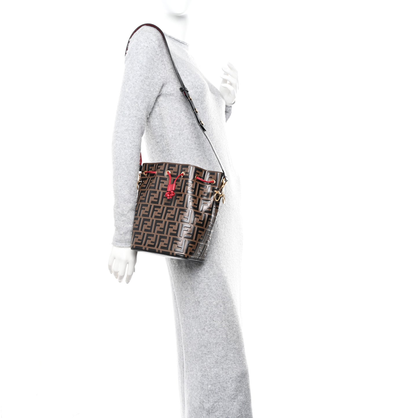 Vitello Grace F is Fendi Bi-Color FF 1974 Embossed Grande Mon Tresor Bucket Bag Maya Black Fragola