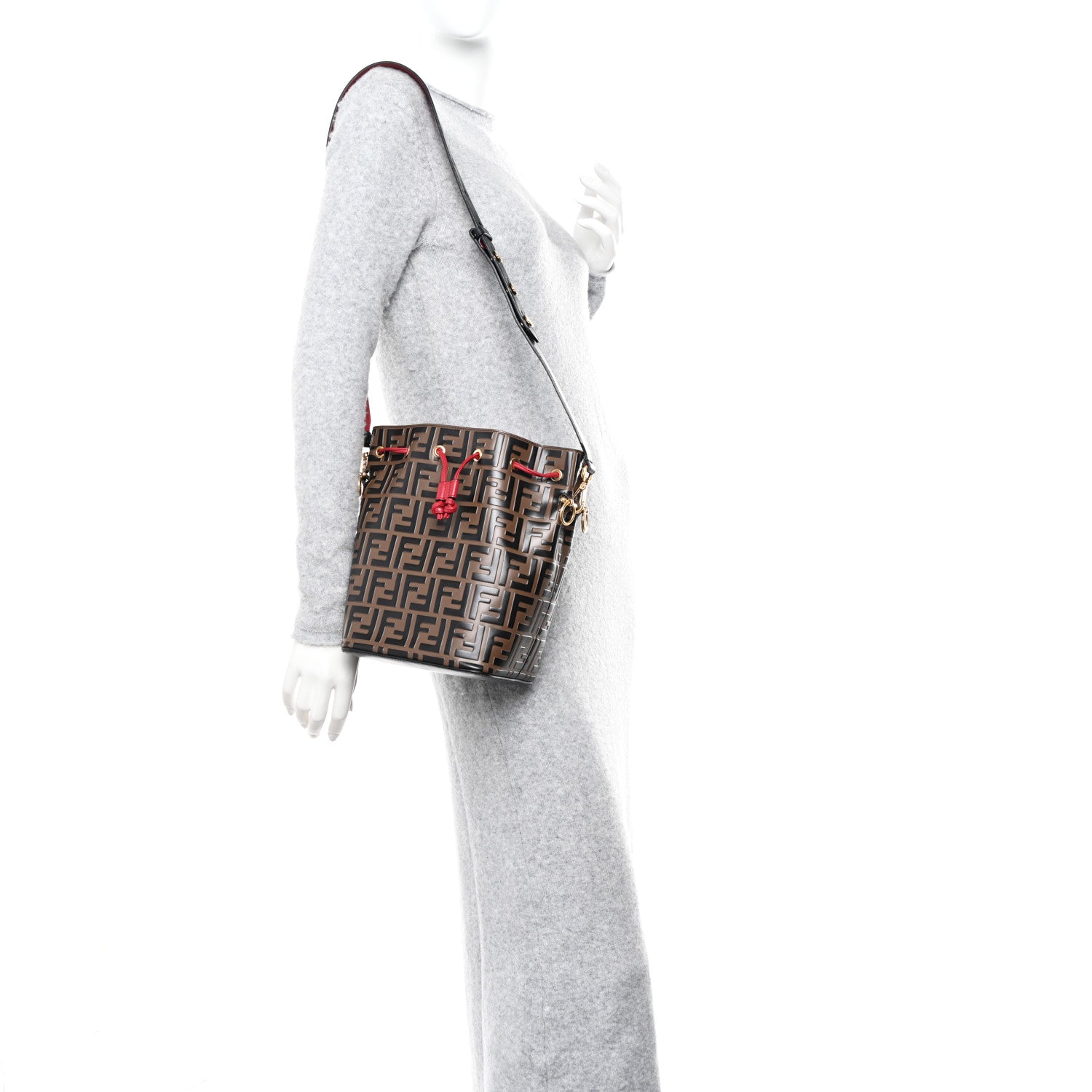 Fendi Vitello Grace F is Fendi Bi-Color FF 1974 Embossed Grande Mon Tresor Bucket Bag Maya Black Fragola 2 of 13