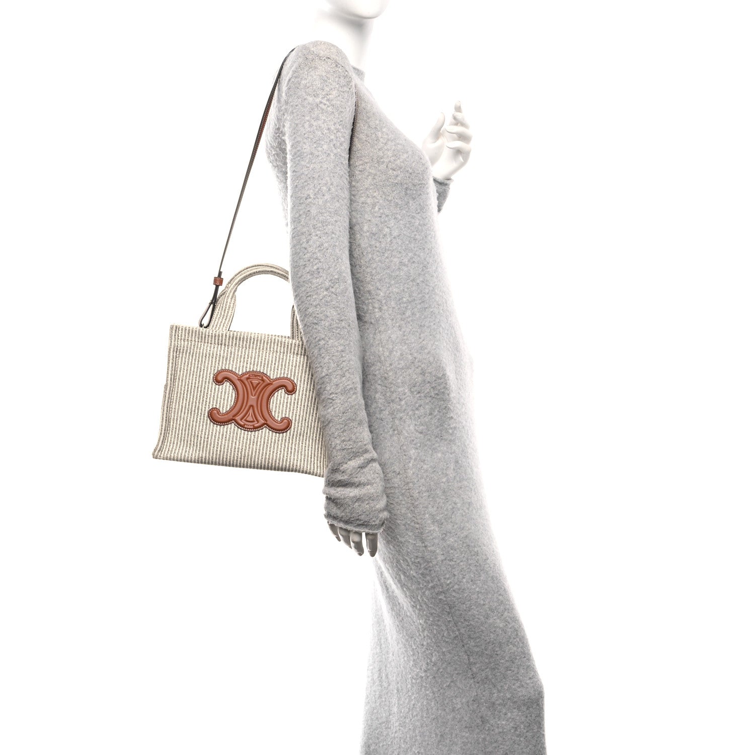 Celine Canvas Calfskin Striped Triomphe Small Cabas Beige 2 of 9