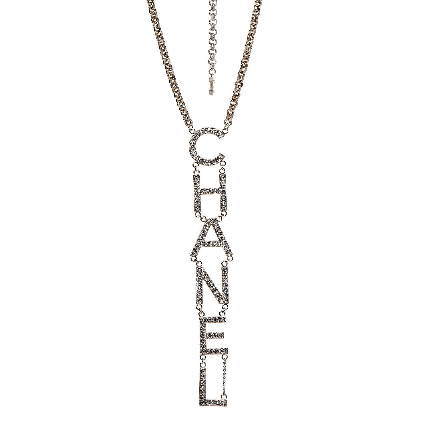 Chanel Metal Crystal Cha-Nel Logo Necklace Gold 1 of 5