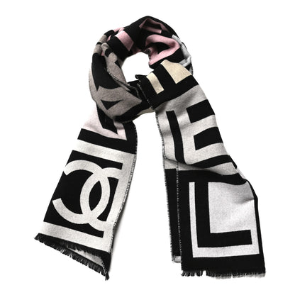 Chanel Cashmere Wool Silk CC Logo Stole Black Pink Beige 1 of 4