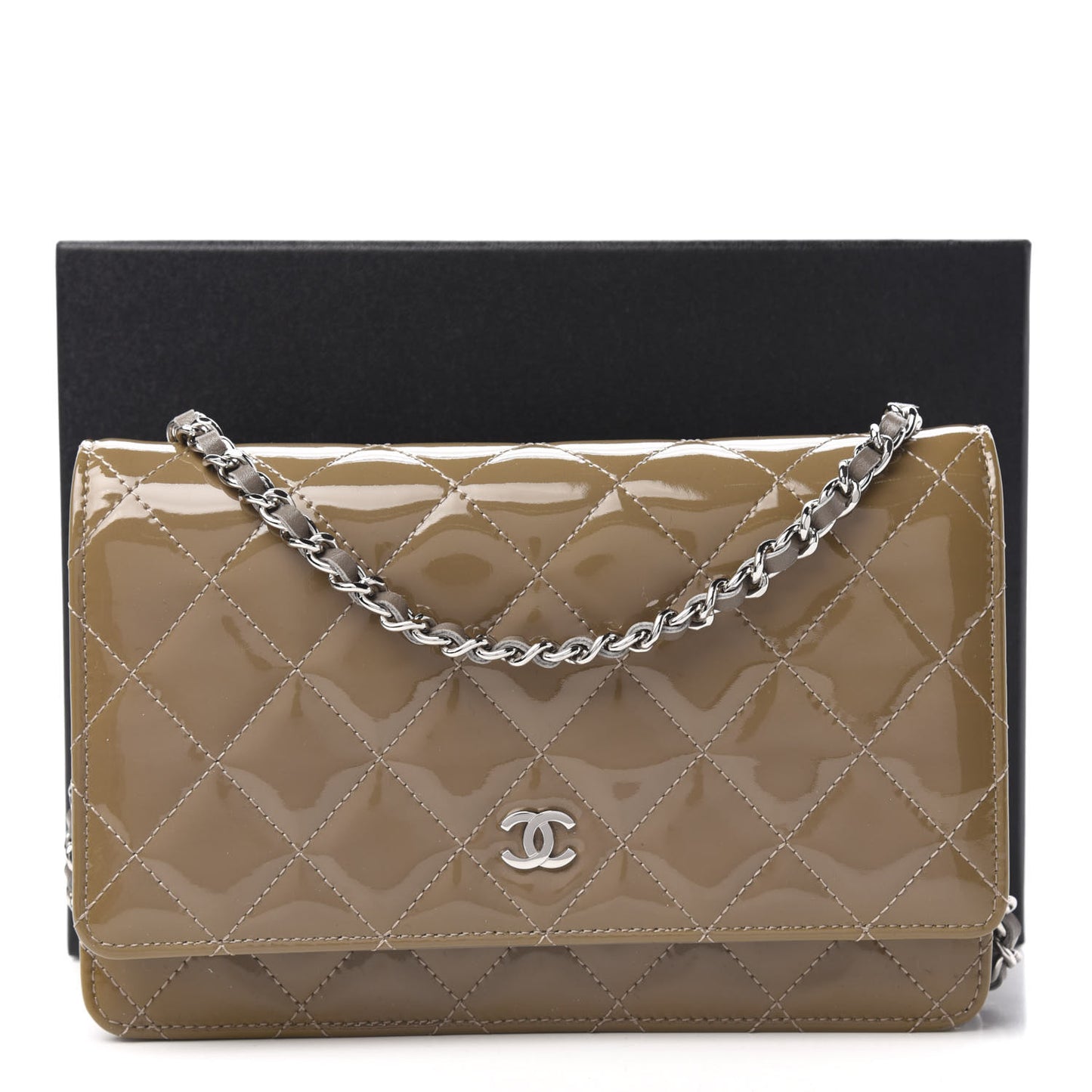 Patent Quilted Wallet On Chain WOC Brown