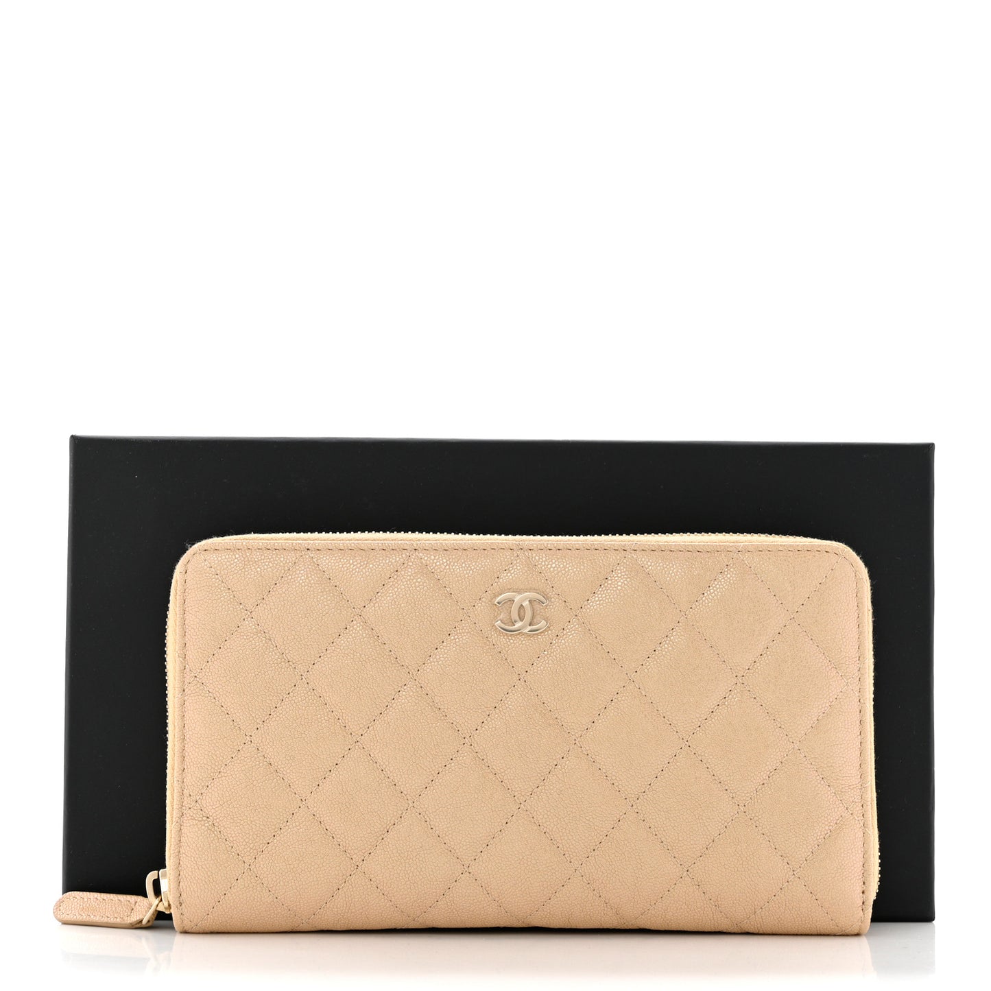 Iridescent Caviar Quilted Large Zip Around Organizer Wallet Beige