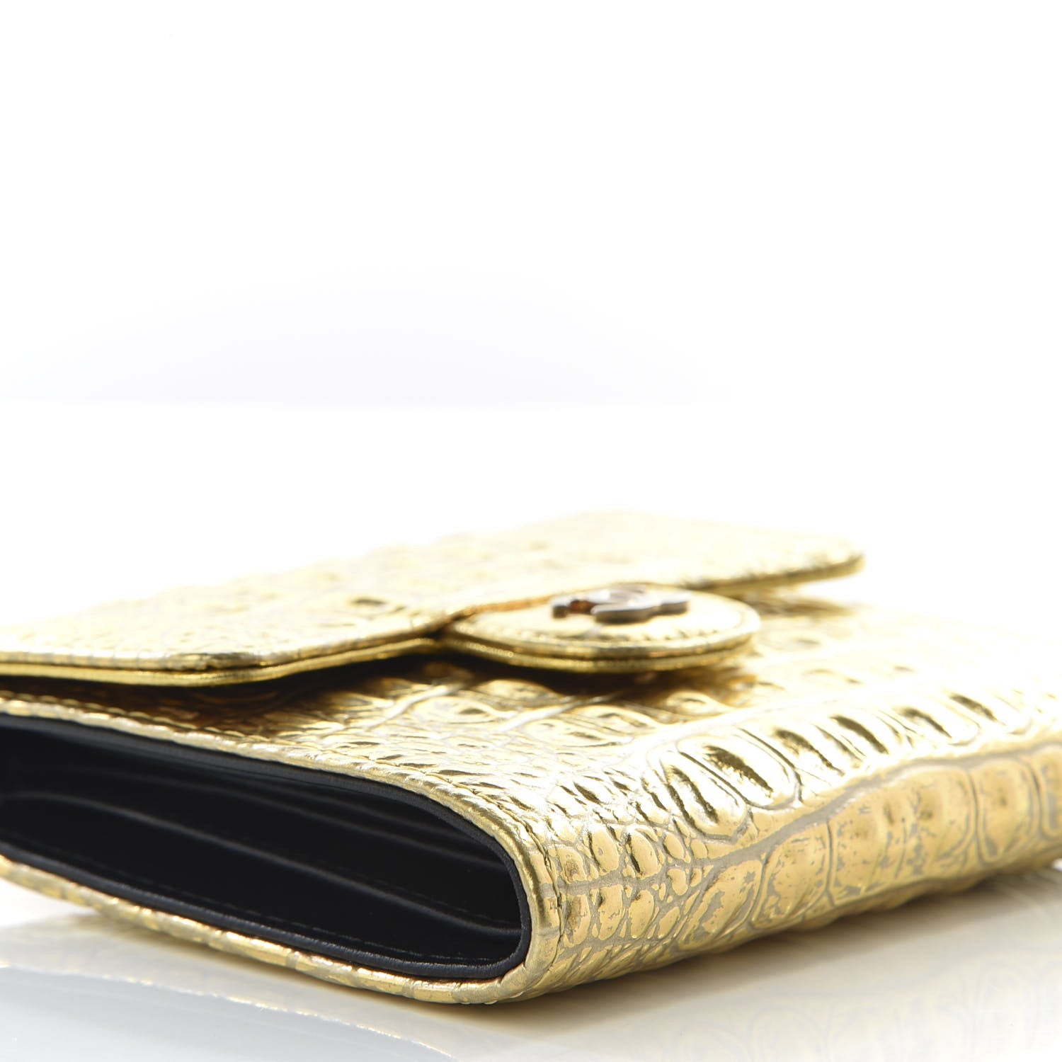 Chanel Metallic Calfskin Crocodile Embossed Cocodile Compact Flap Wallet Gold 5 of 9