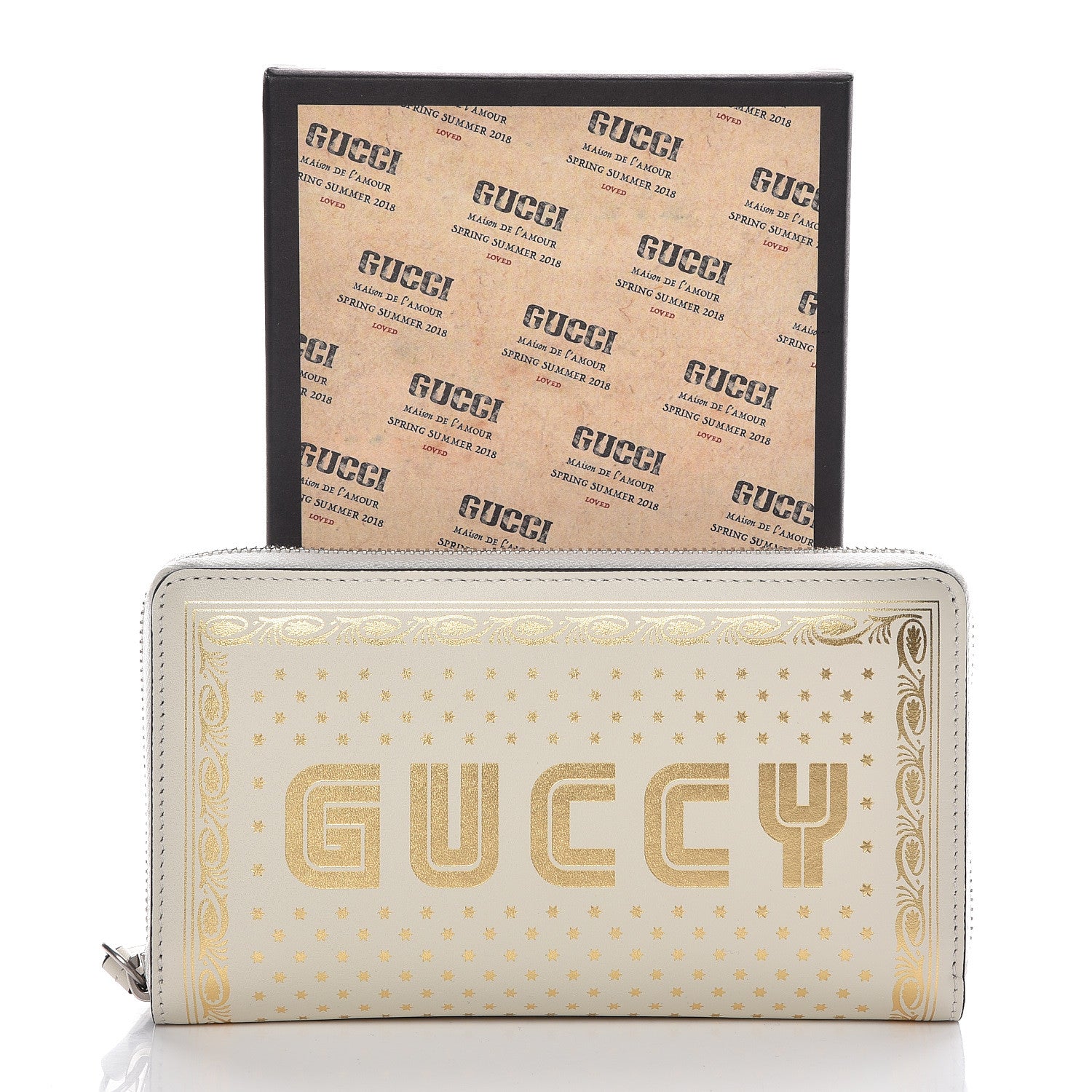 Gucci X SEGA Calfskin GUCCY Stars Zip Around Wallet Mystic White Gold 10 of 10