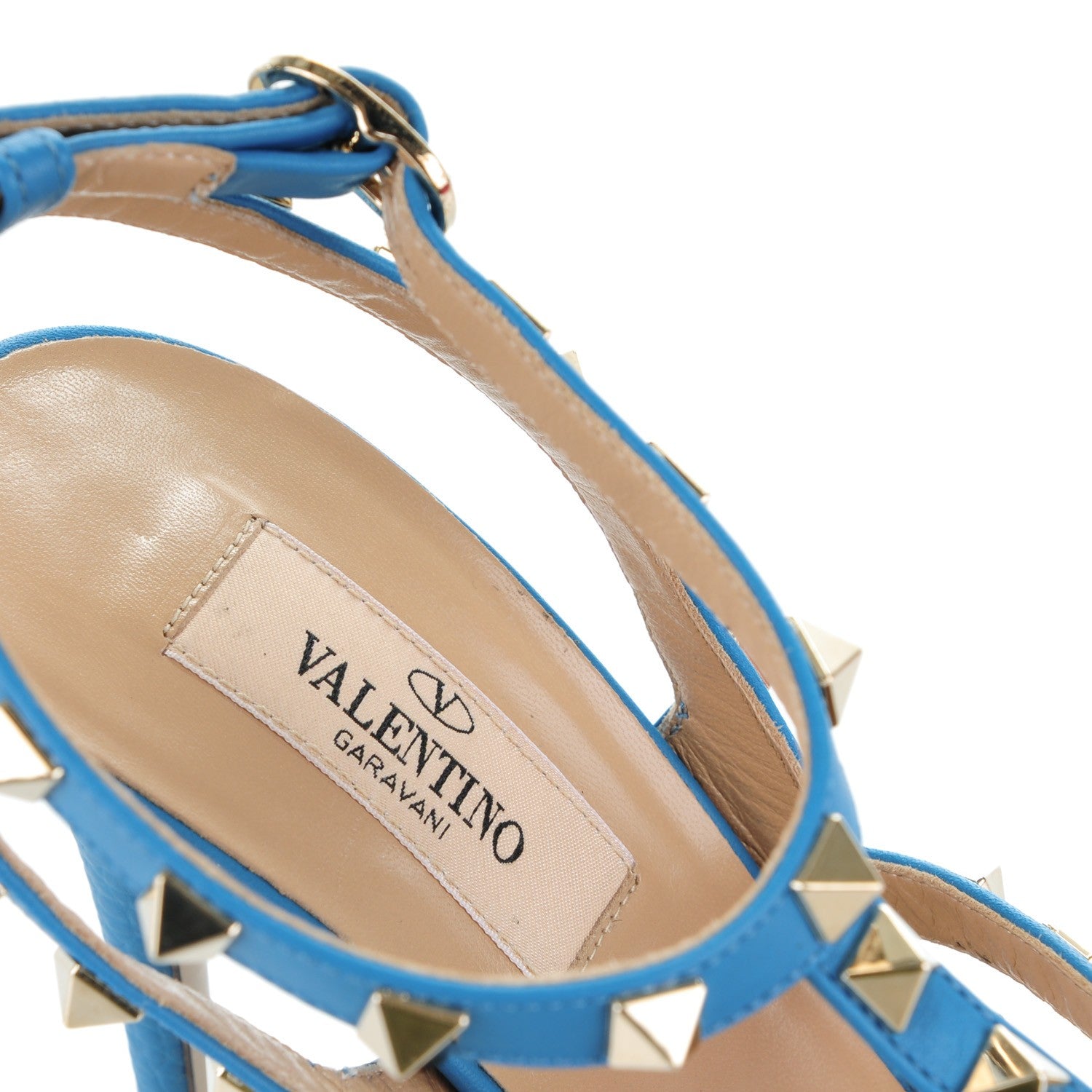 Valentino Garavani Pebbled Calfskin Rockstud Ankle Strap Pumps 38 Light Blue 6 of 8