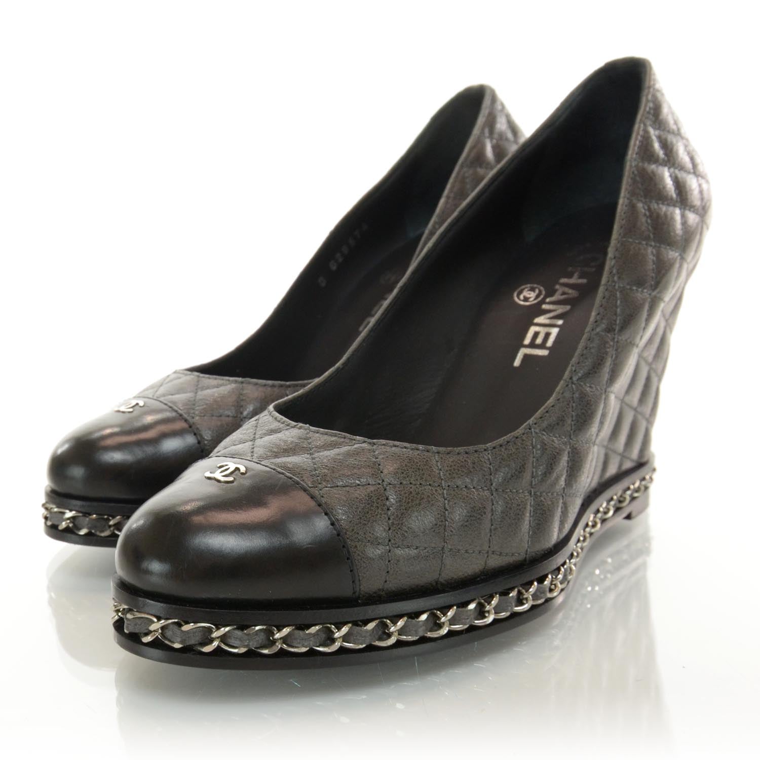 Chanel Quilted Leather Escarpins Wedges 38.5 Dark Gray 2 of 6
