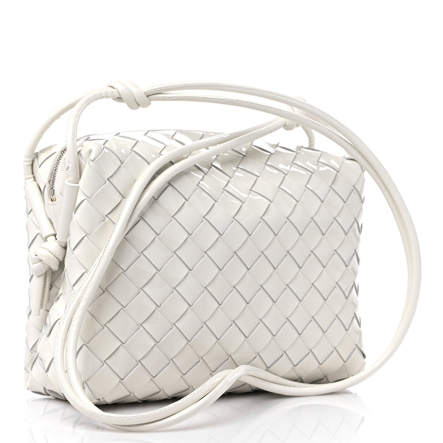 Patent Calfskin Intrecciato Small Loop Camera Bag White