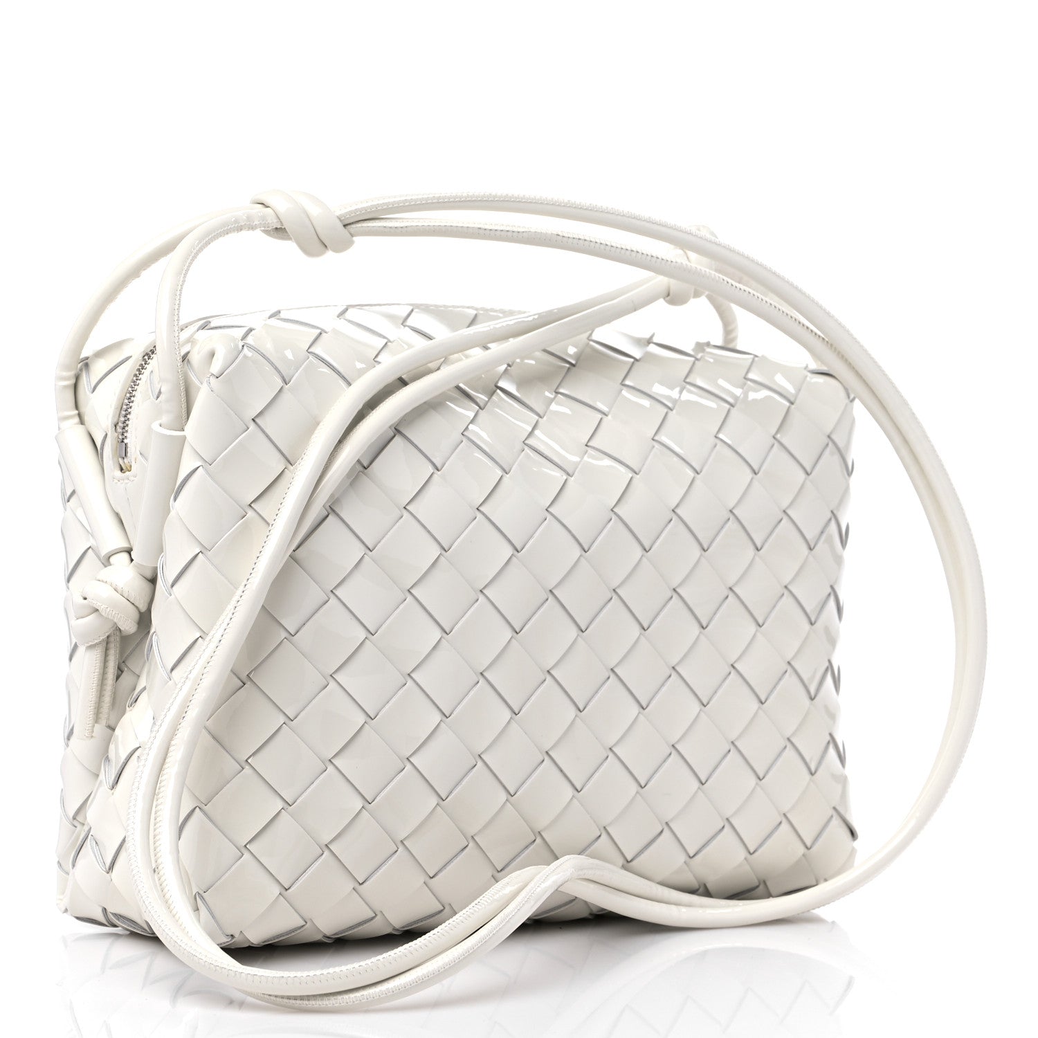 Bottega Veneta Patent Calfskin Intrecciato Small Loop Camera Bag White 3 of 10
