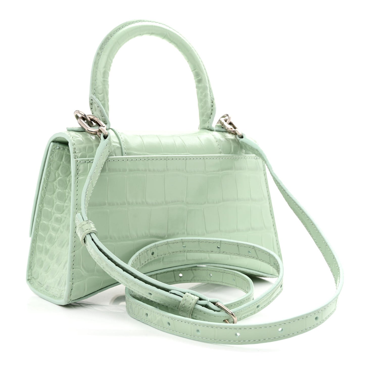 Shiny Calfskin Crocodile Embossed Hourglass Top Handle Bag XS Light Green