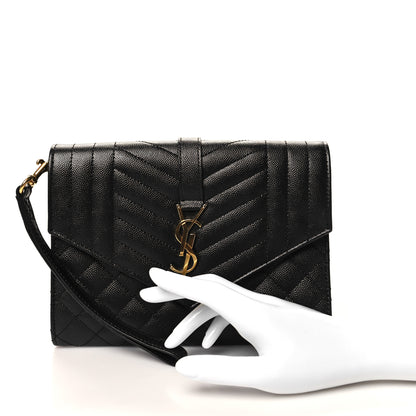Saint Laurent Grain De Poudre Textured Mixed Matelasse Triquilt Monogram Clutch Black 2 of 11