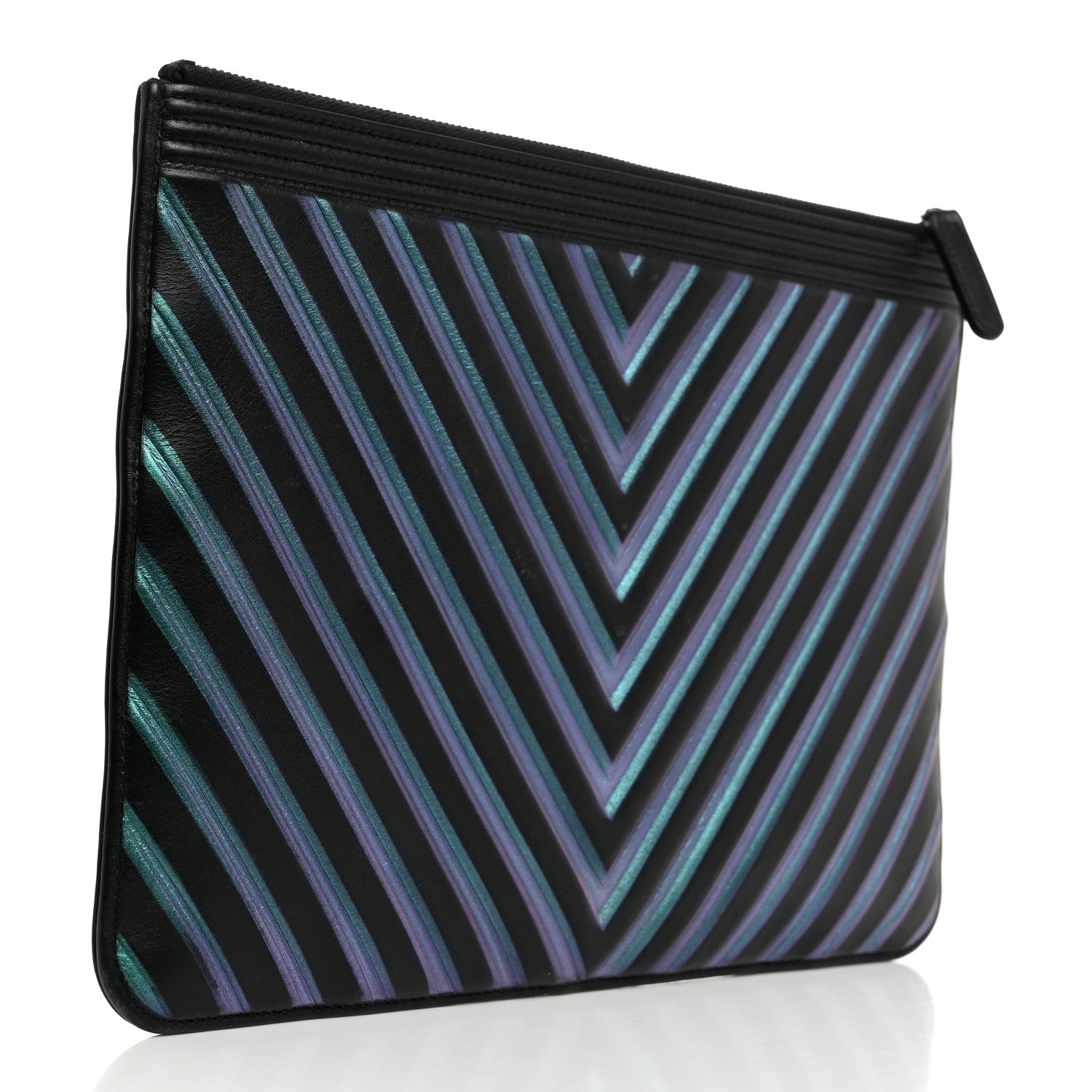 Chanel Calfskin Painted Chevron Embossed Large Boy Zip Pouch Black 3 of 7