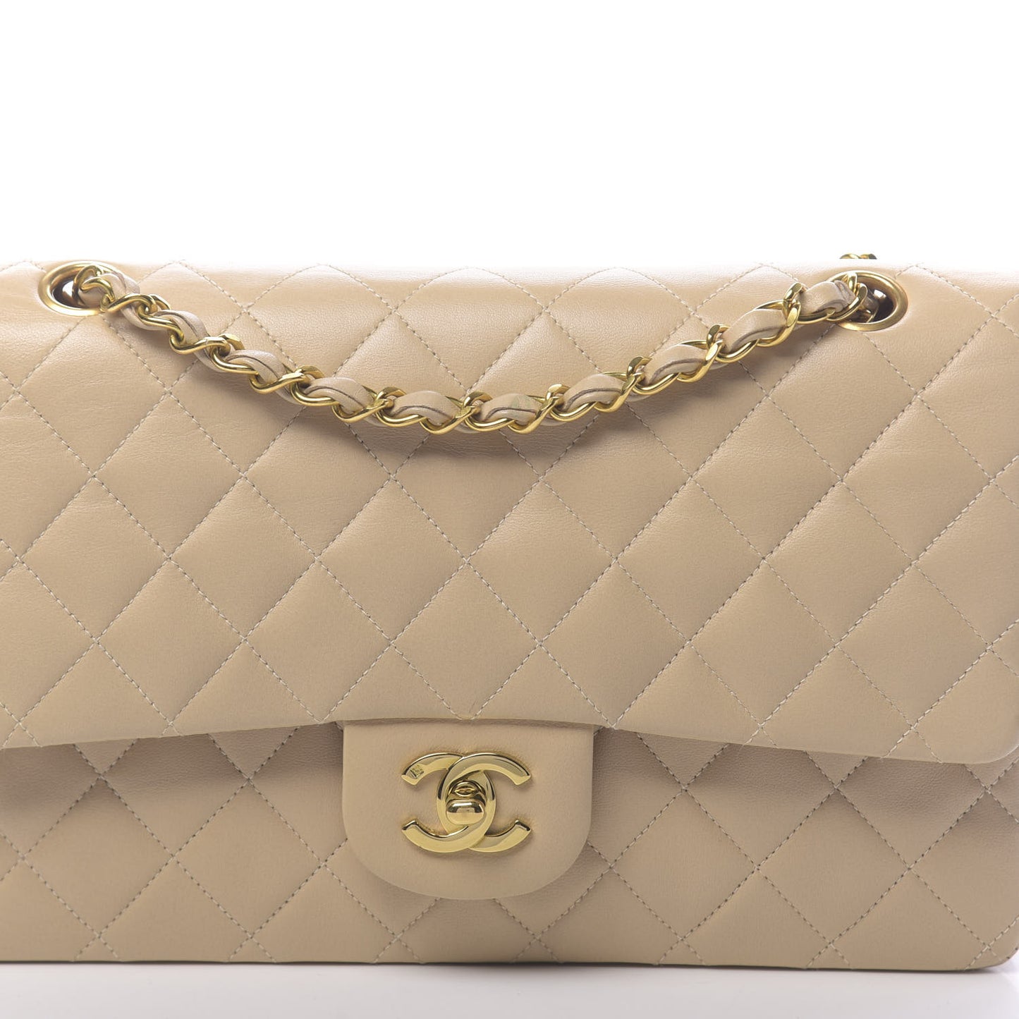 Lambskin Quilted Medium Double Flap Beige