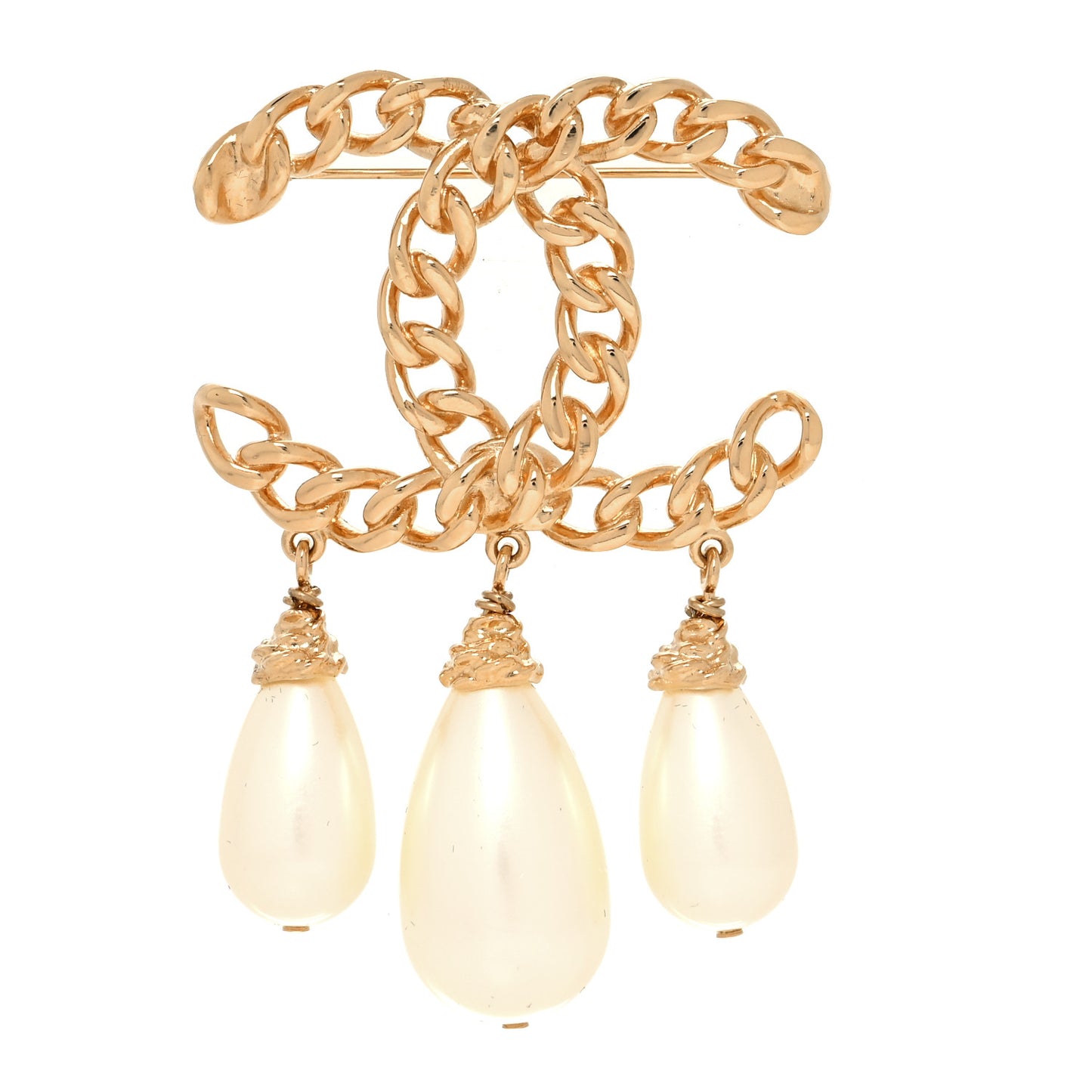 Chain Pearl Drop CC Brooch Gold