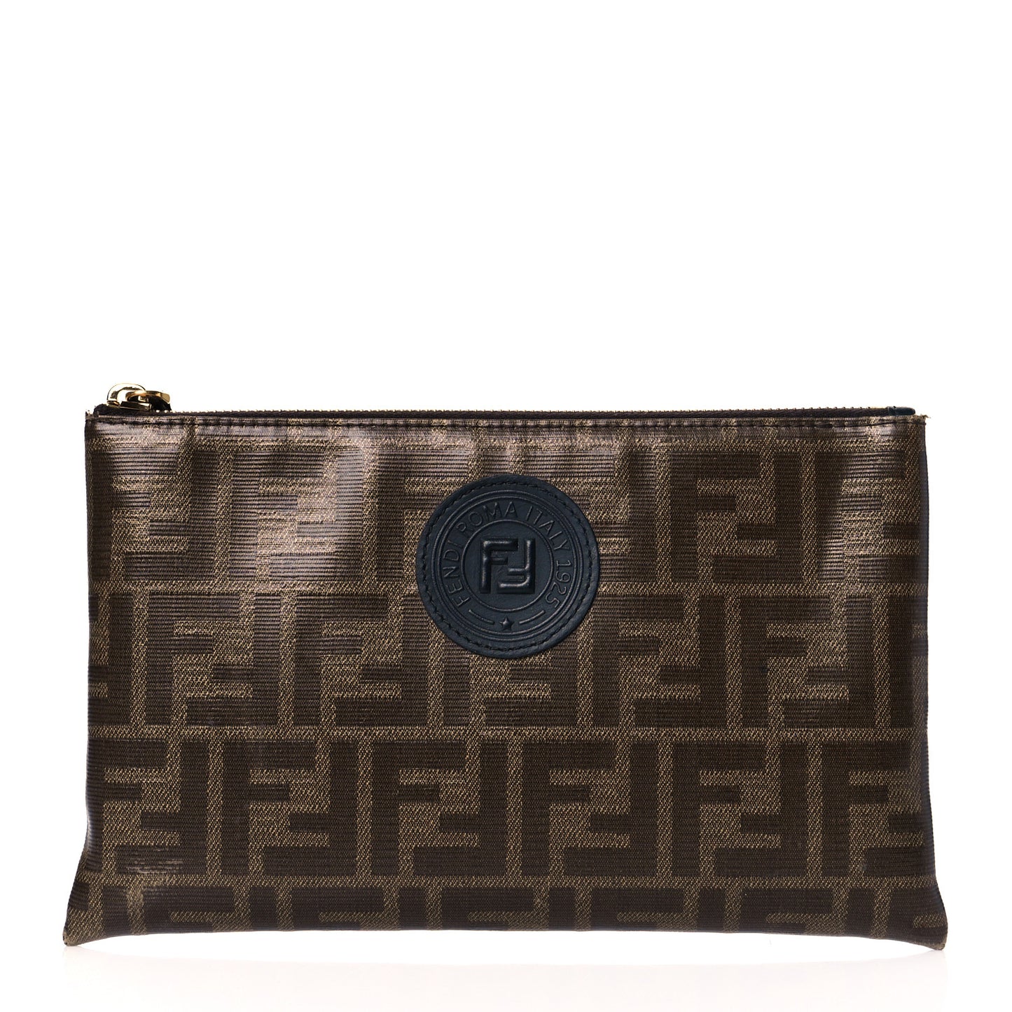 Glazed Fabric Vitello Century FF 1974 Stamp Patch Medium FFreedom Flat Pouch Mogano Panna Black