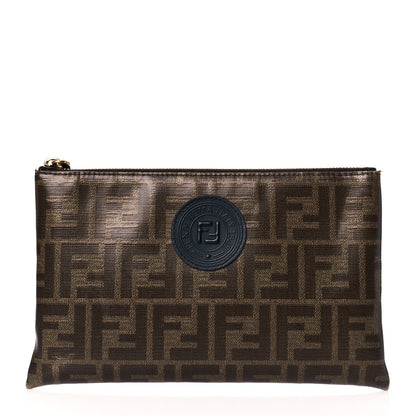 Fendi Glazed Fabric Vitello Century FF 1974 Stamp Patch Medium FFreedom Flat Pouch Mogano Panna Black 1 of 10