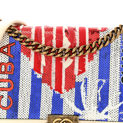 Chanel Sequin Canvas New Medium Cuba Boy Flap White Blue Red 8 of 10