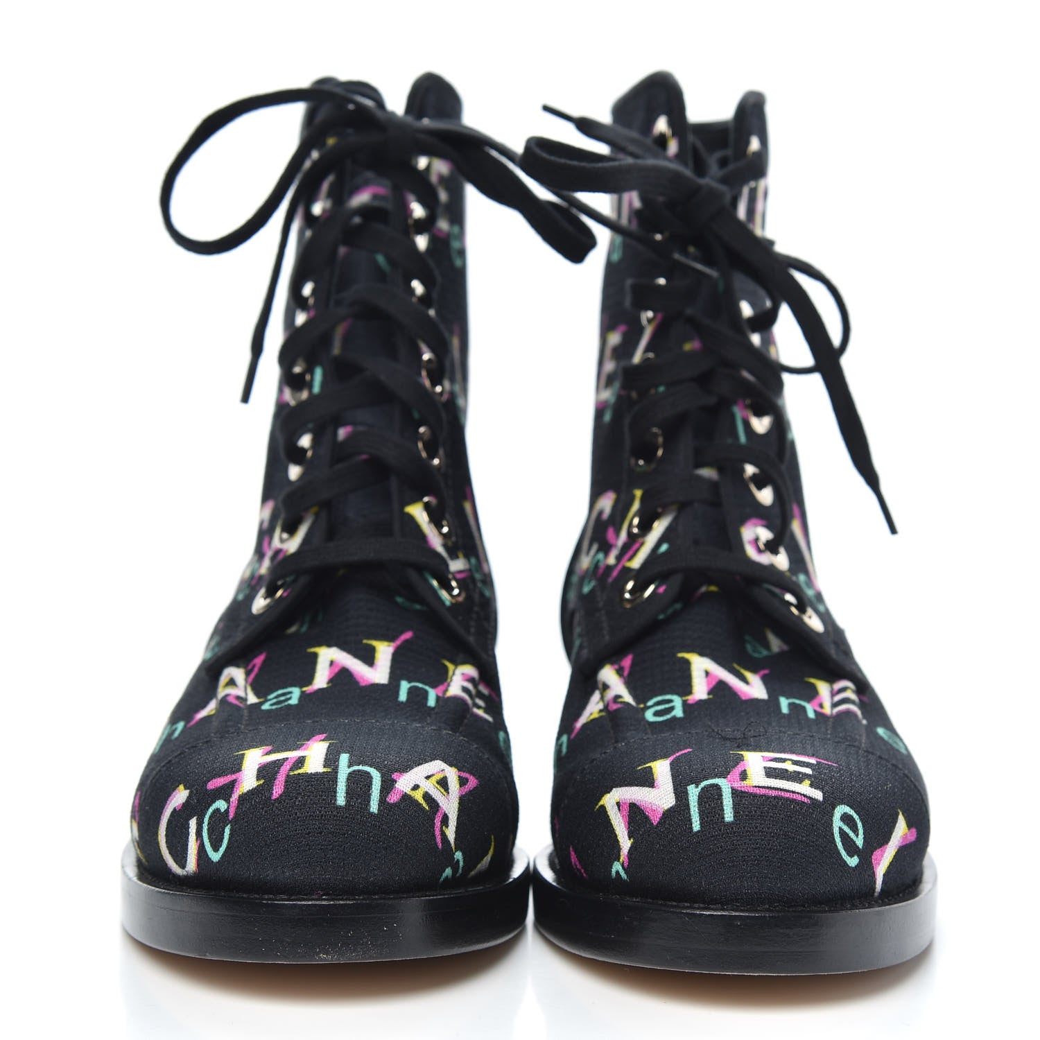 Chanel Tweed Lace Up Short Boots 38 Black Ecru Green Red 2 of 8