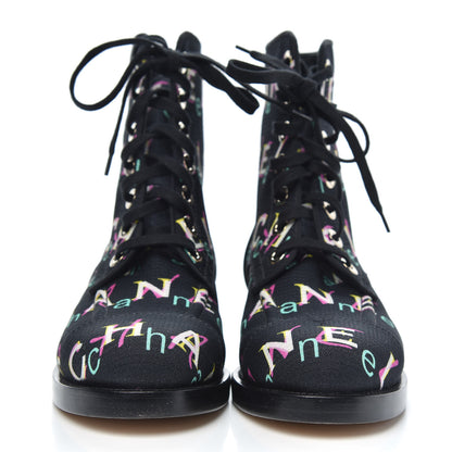 Chanel Tweed Lace Up Short Boots 38 Black Ecru Green Red 2 of 8