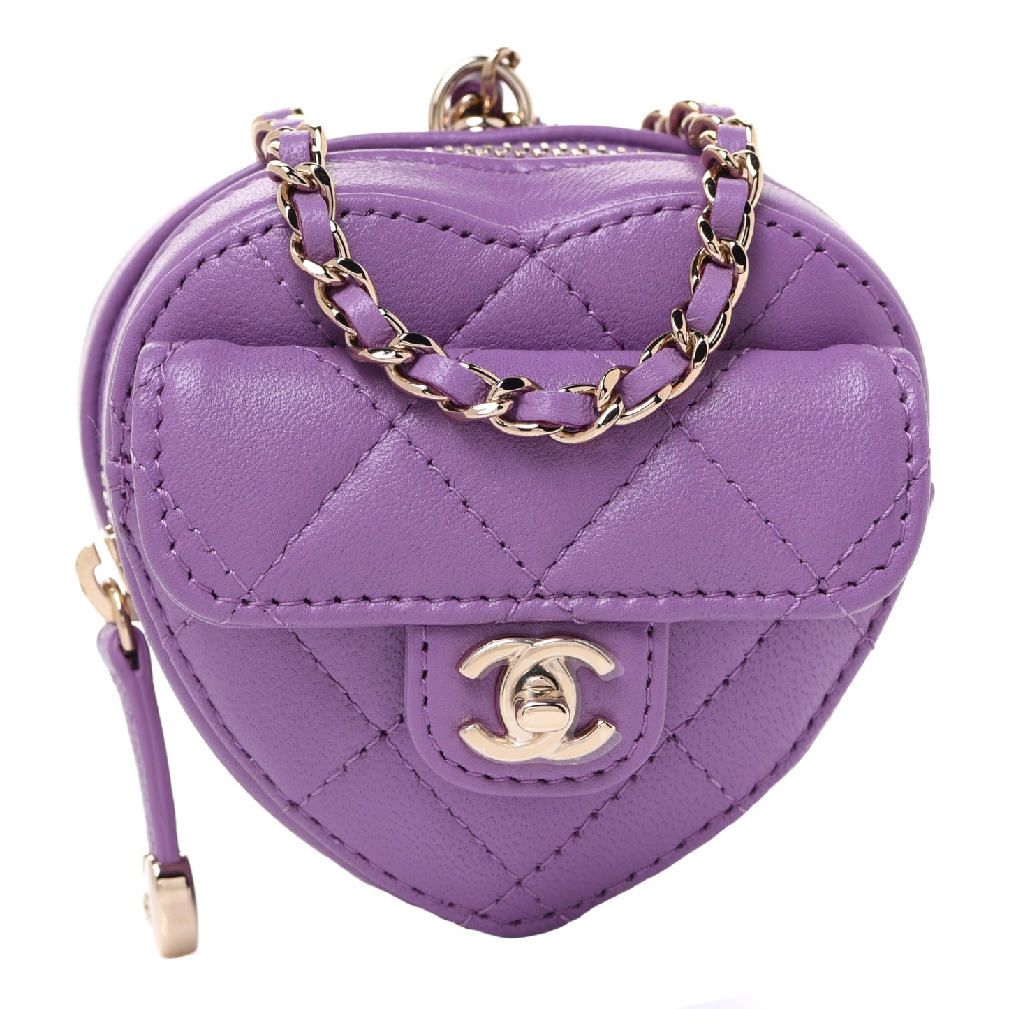 Lambskin Quilted CC In Love Heart Coin Purse With Chain Purple