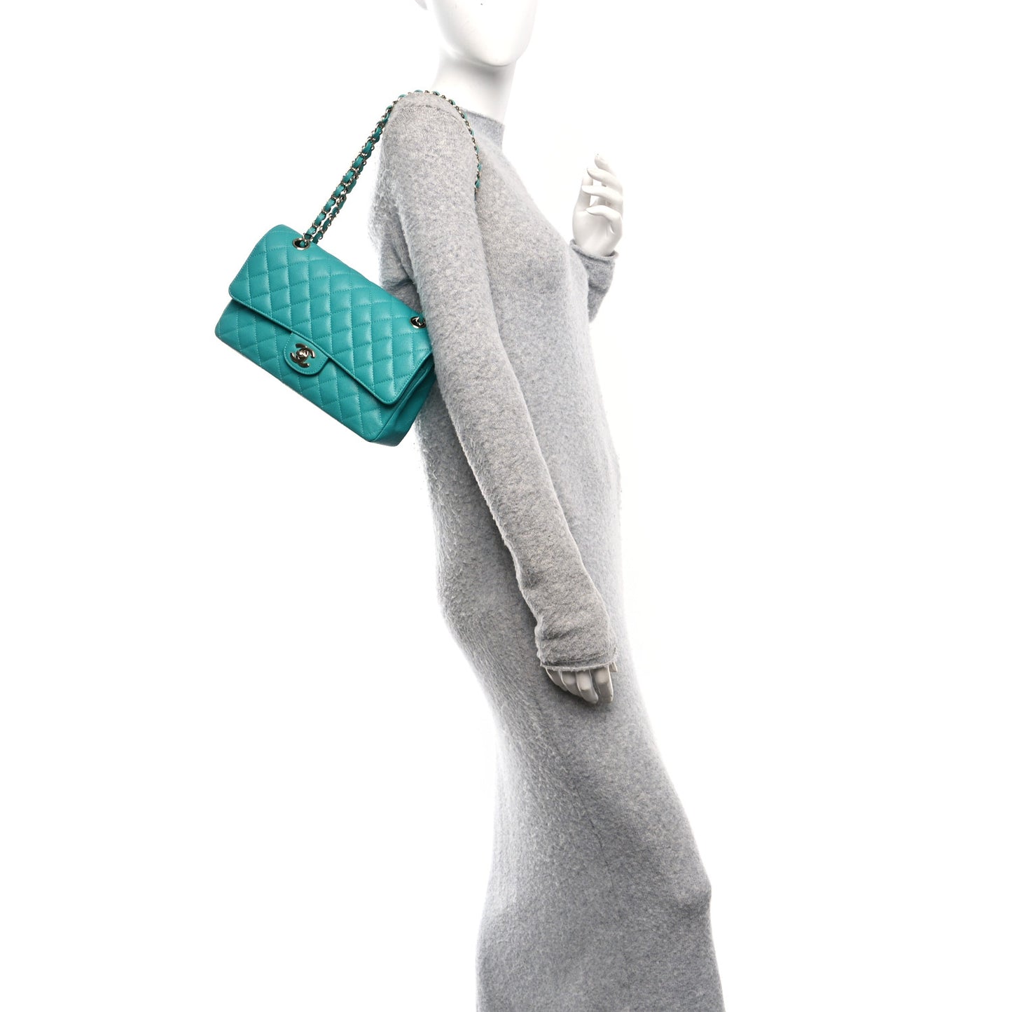 Caviar Quilted Medium Double Flap Turquoise