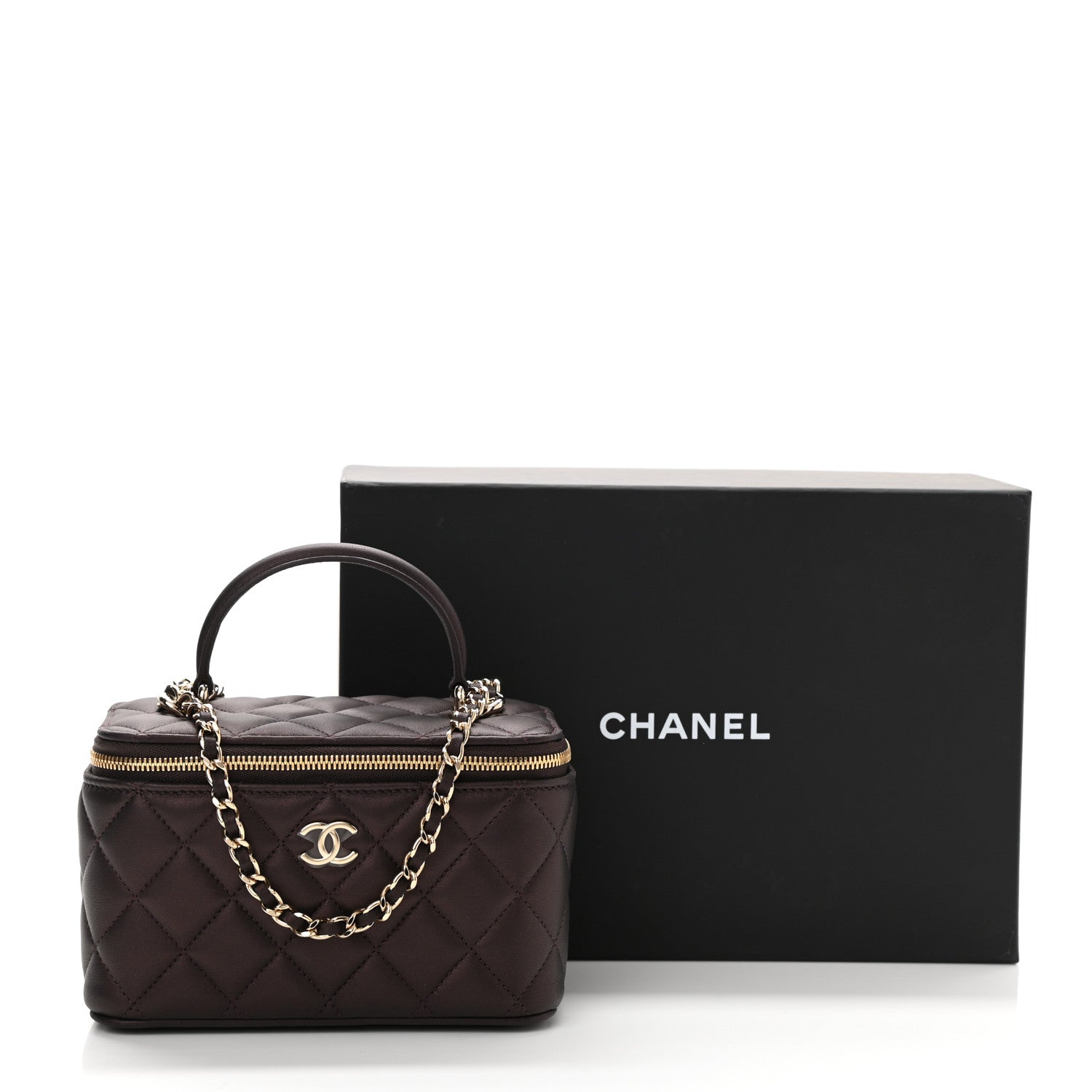 Chanel Iridescent Lambskin Quilted Small Top Handle Vanity Case With Chain Burgundy 12 of 12