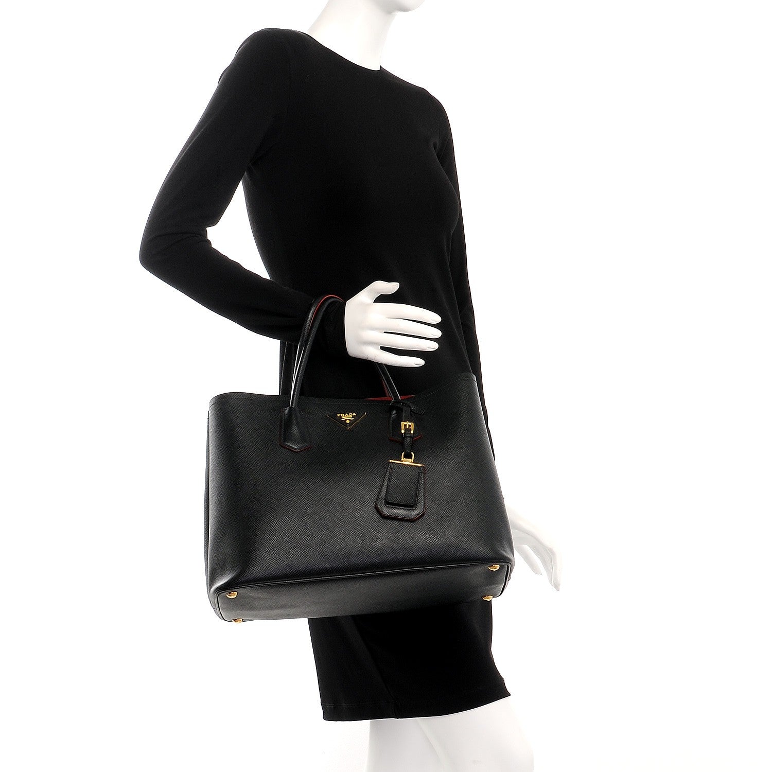 Prada Saffiano Cuir Large Double Bag Nero Black Ciliegia 2 of 7