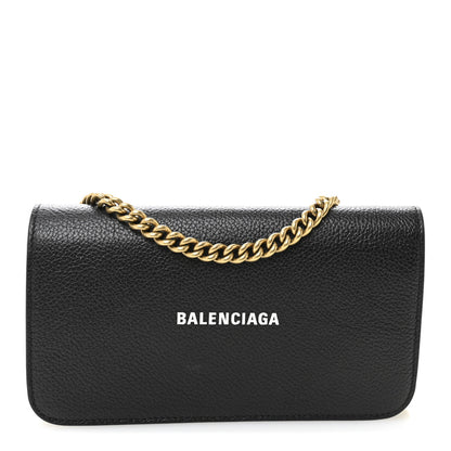 Balenciaga Grained Calfskin Logo Cash Phone Holder Wallet On Chain Black White 1 of 9