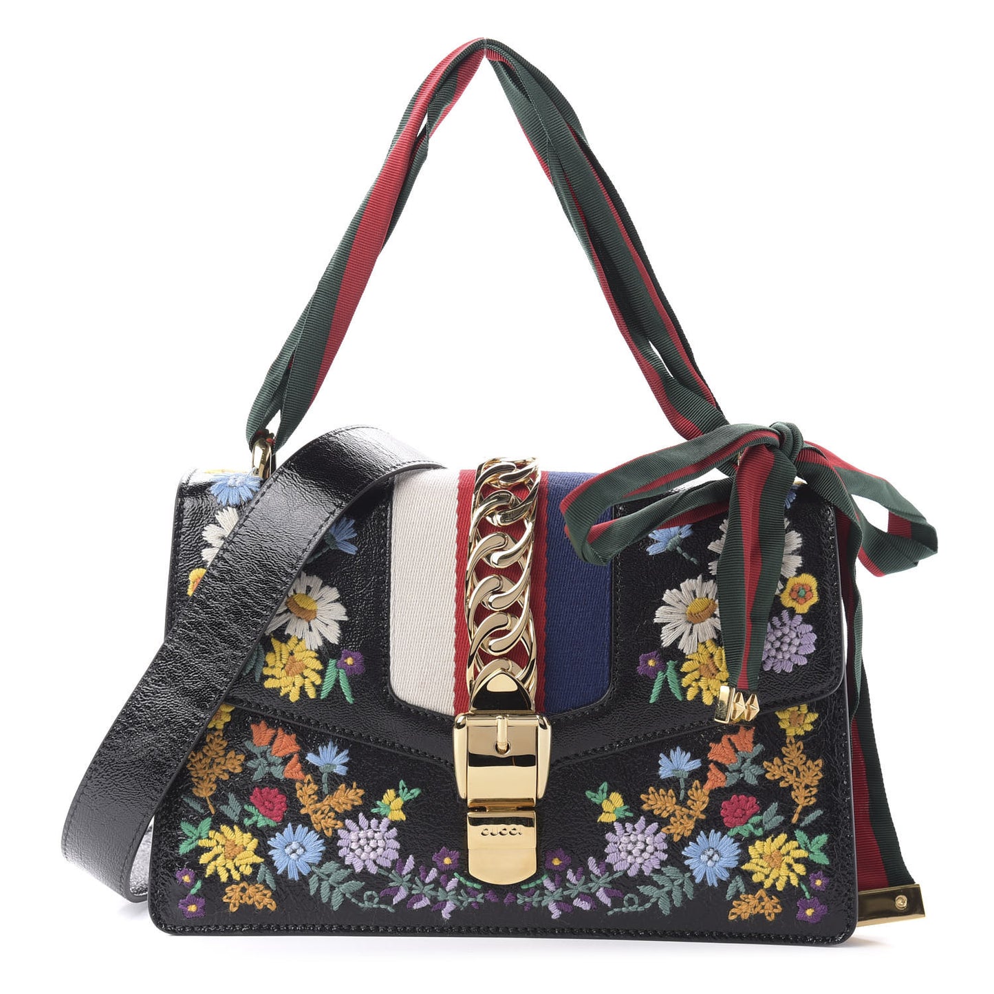 Calfskin Embroidered Small Sylvie Shoulder Bag Black