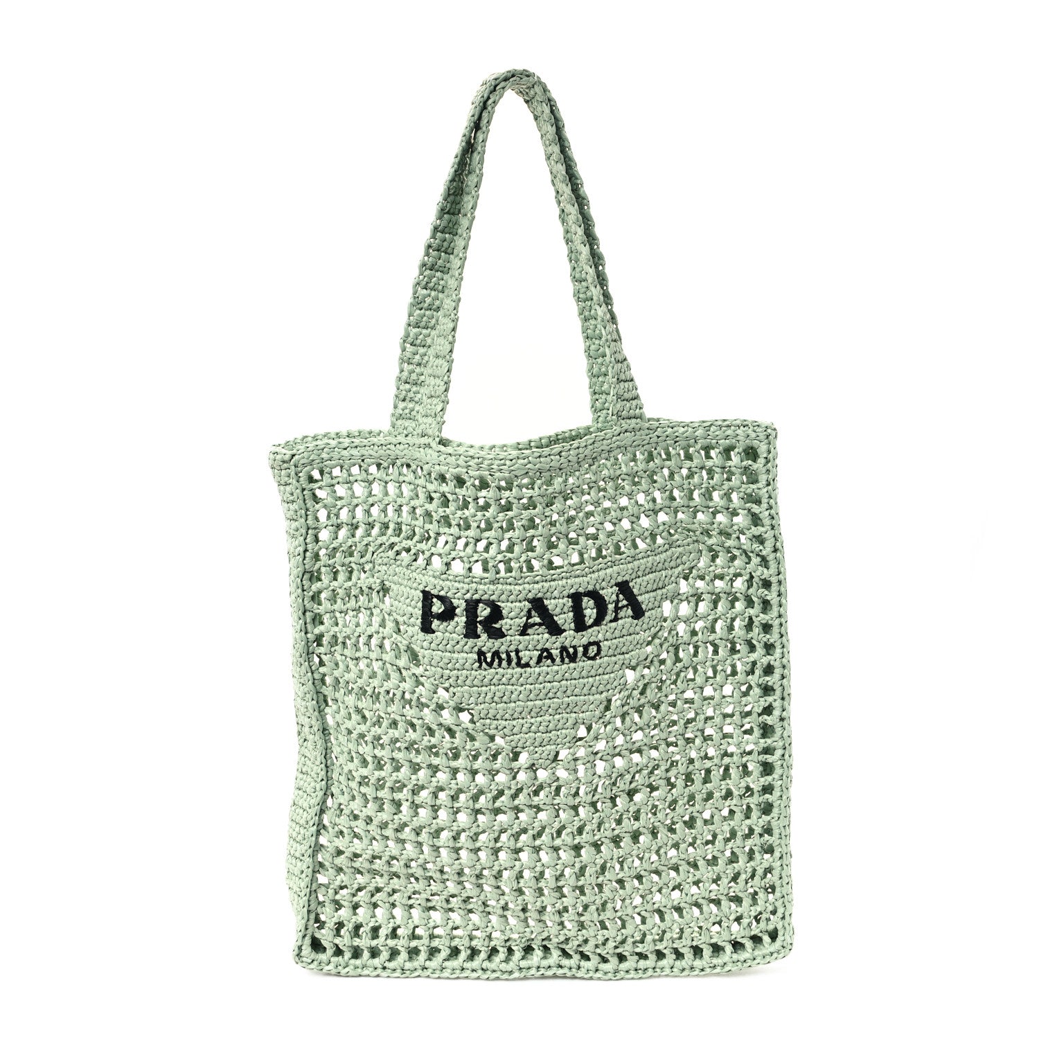 Prada Yarn Raffia Effect Crochet Logo Embroidered Tote Bag Acqua 1 of 9