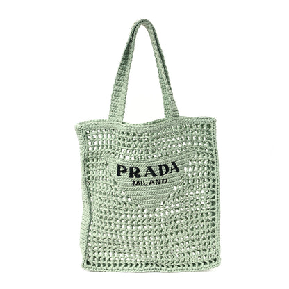 Prada Yarn Raffia Effect Crochet Logo Embroidered Tote Bag Acqua 1 of 9