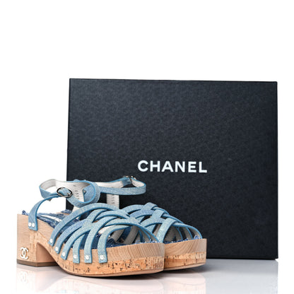 Chanel Fantasy Calfskin Denim Pearl Cork Sandals 39 Blue 9 of 9