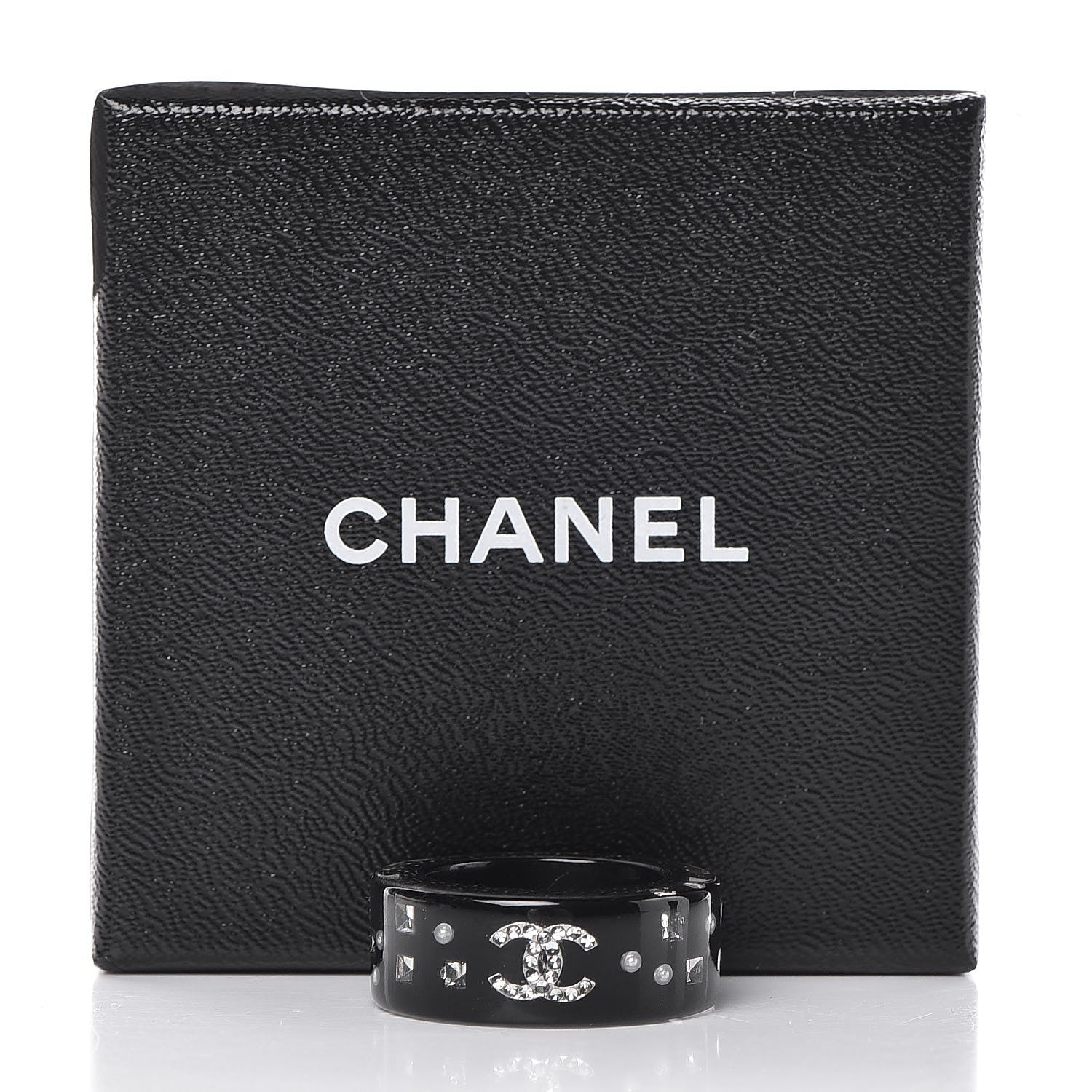 Chanel Resin Pearl Crystal CC Ring 6.5 Black 5 of 5