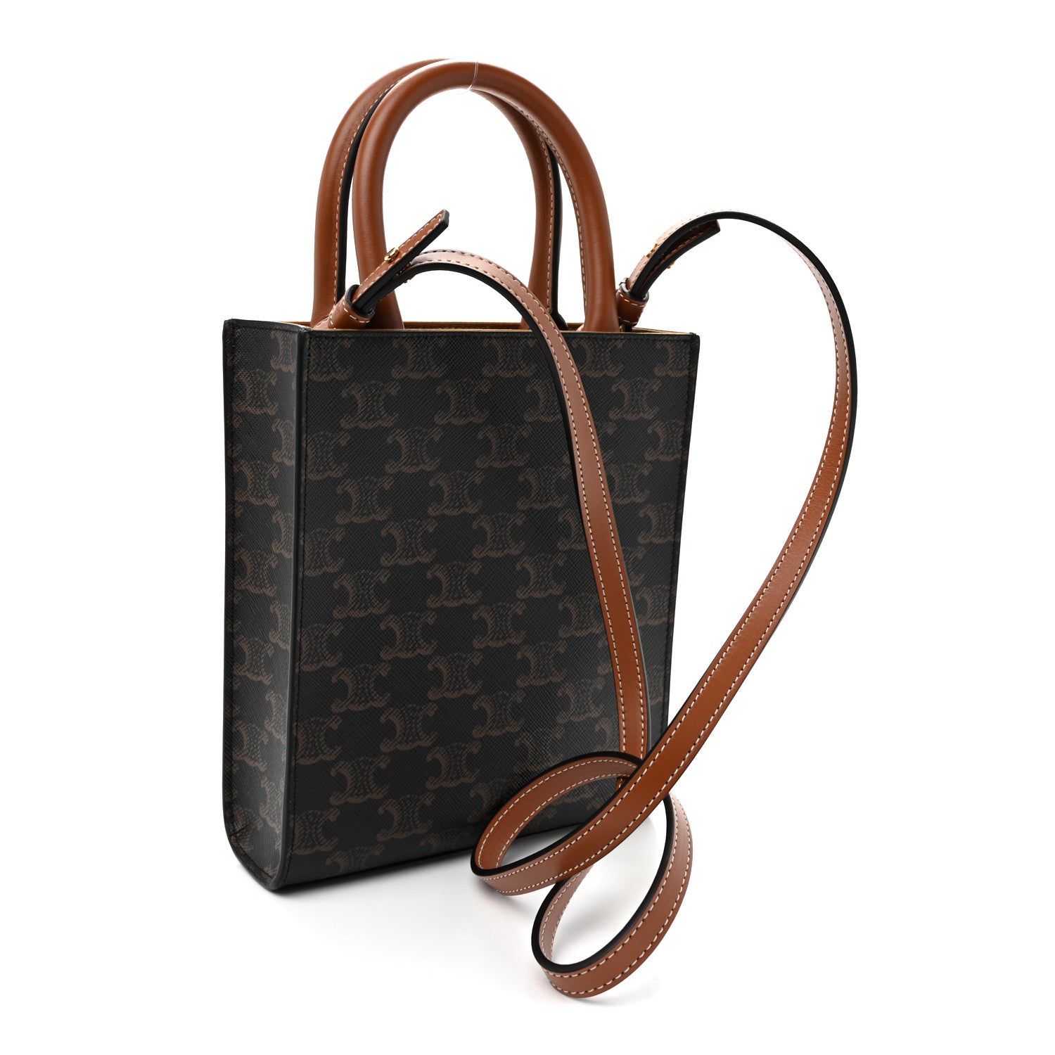 Celine Triomphe Canvas Calfskin Mini Vertical Cabas Tan Tan 3 of 9