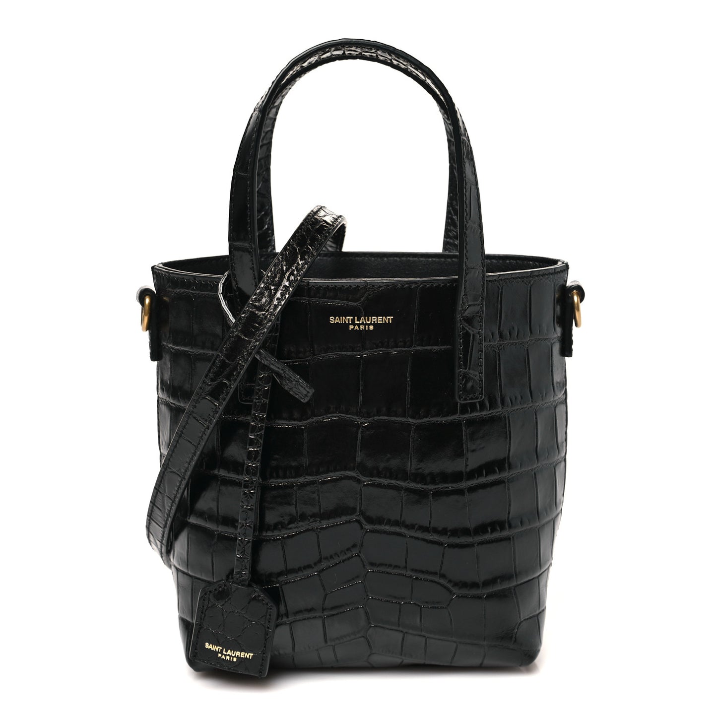 Calfskin Crocodile Embossed Paris Mini Toy Shopper Tote Black
