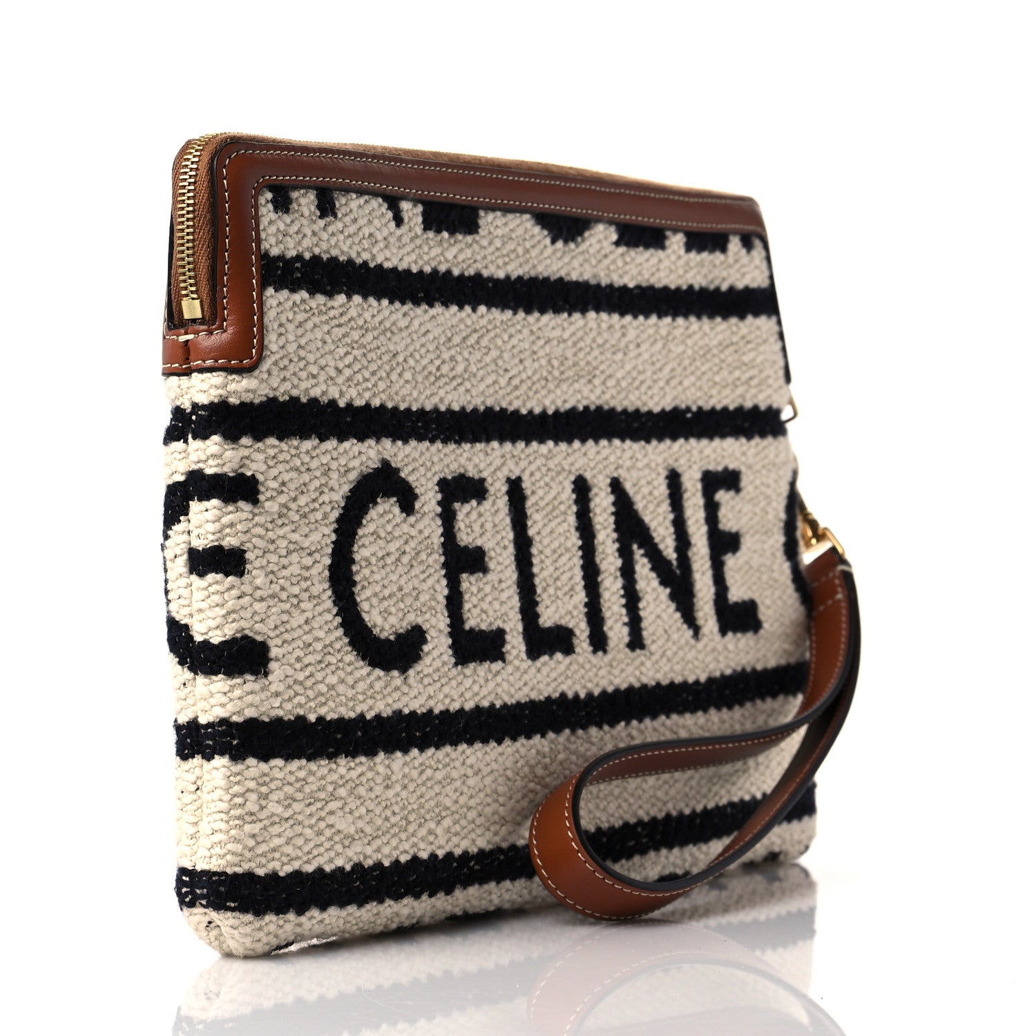 Celine All Over Textile Calfskin Striped Small Pouch White Black 3 of 9