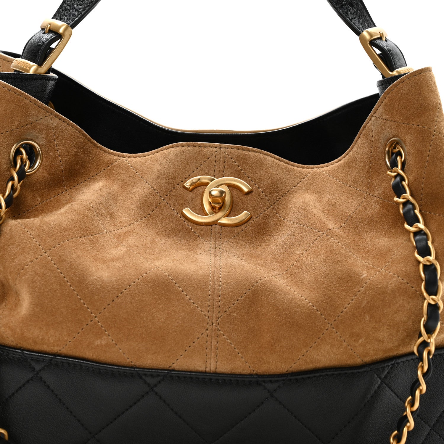 Chanel Suede Calfskin Shiny Lambskin Quilted Small Coco Base Shopping Bag Beige Black 8 of 11