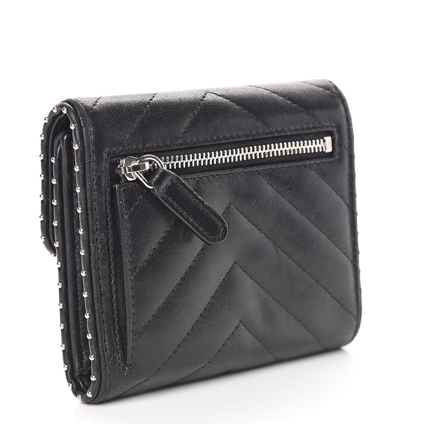 Lambskin Chevron Quilted Studded Compact Flap Wallet Black