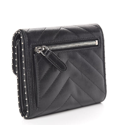 Chanel Lambskin Chevron Quilted Studded Compact Flap Wallet Black 3 of 12