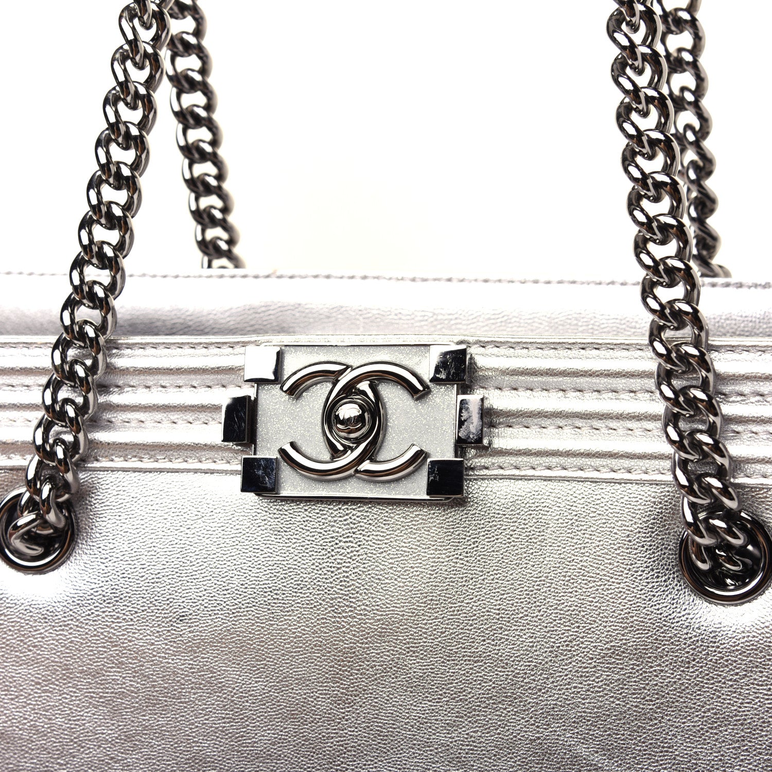 Chanel Metallic Goatskin Calfskin Bi-Color Large Boy Tote Black Silver 14 of 16