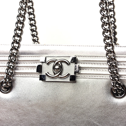 Chanel Metallic Goatskin Calfskin Bi-Color Large Boy Tote Black Silver 14 of 16