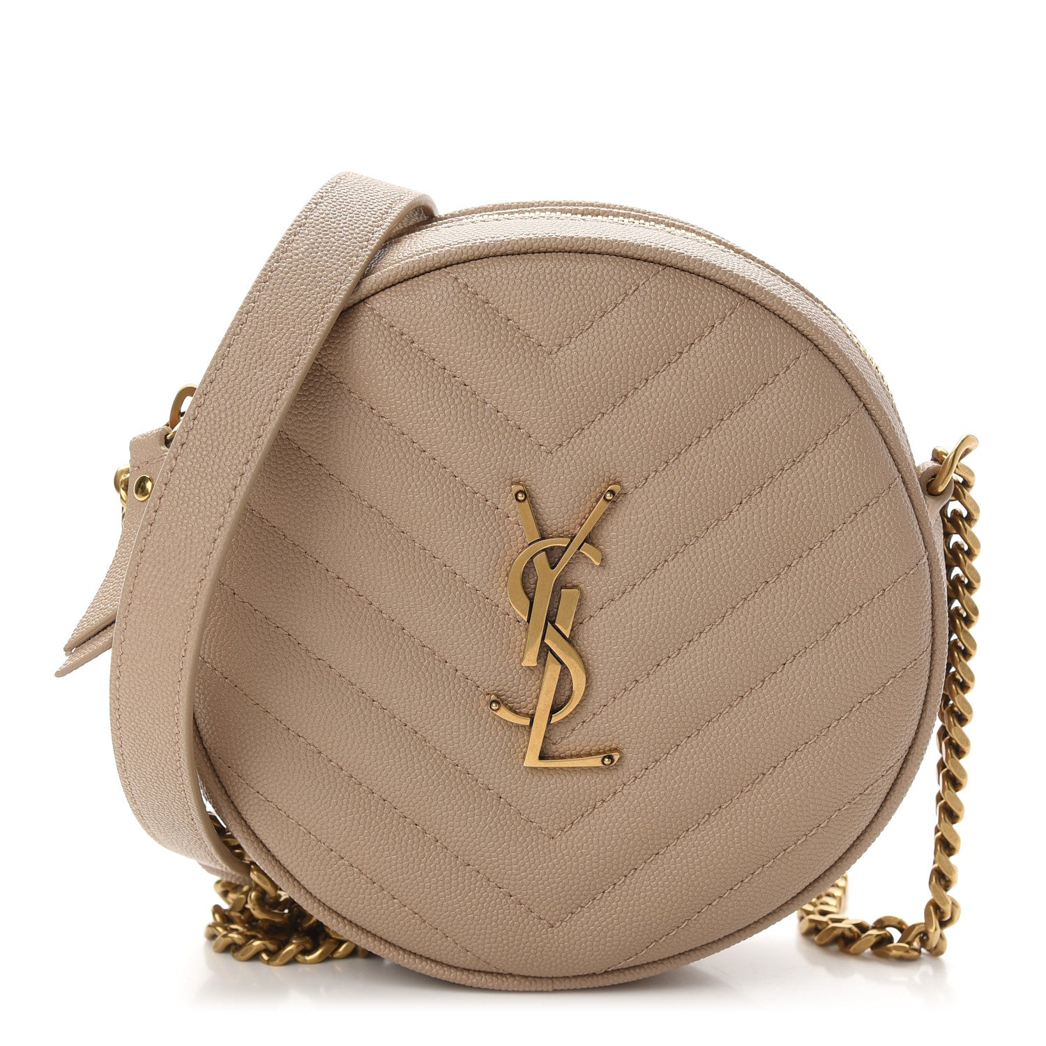 Saint Laurent Grain De Poudre Matelasse Chevron Quilted Round Vinyle Camera Bag Gold Sand 1 of 9
