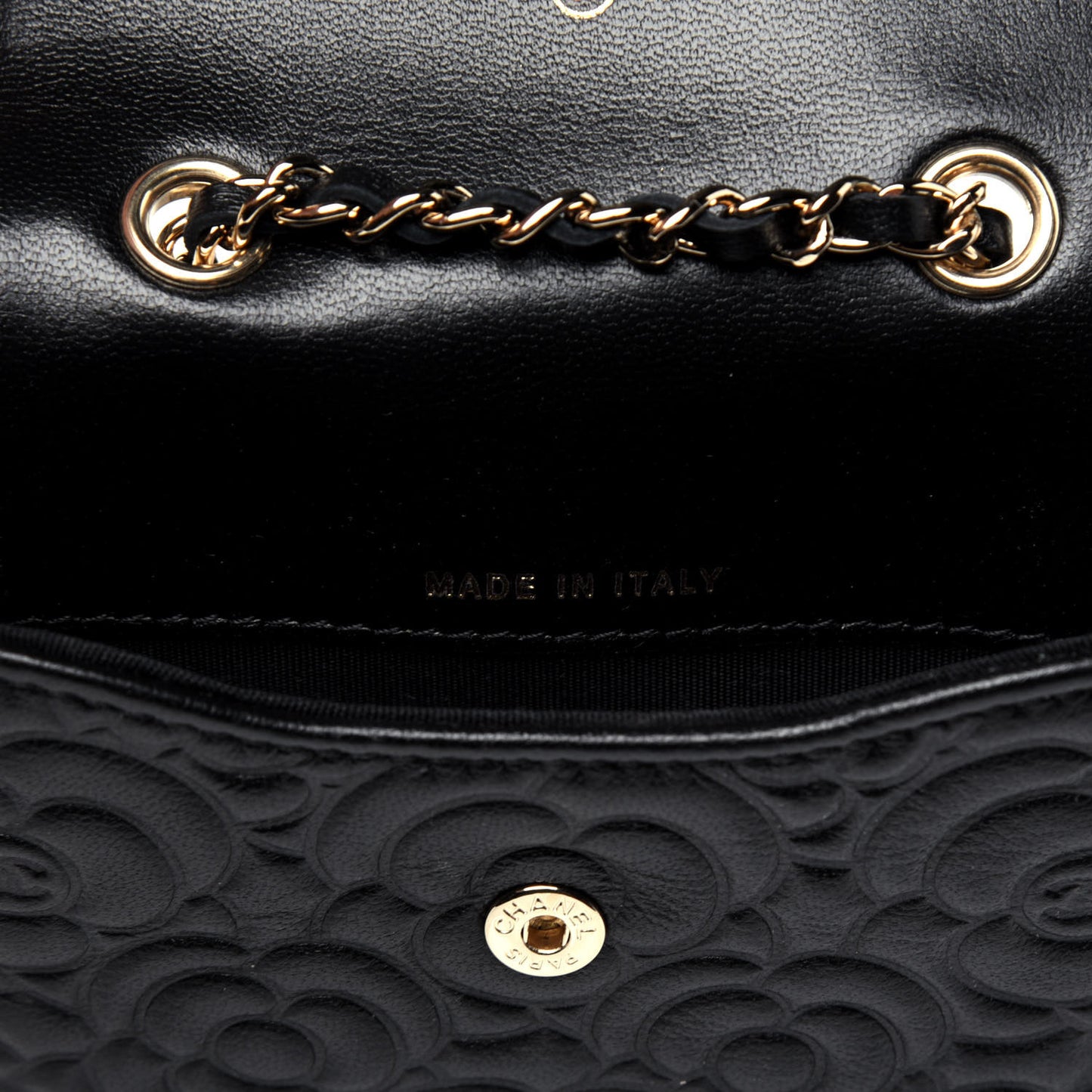Lambskin Camellia Embossed Chain Belt Bag Black