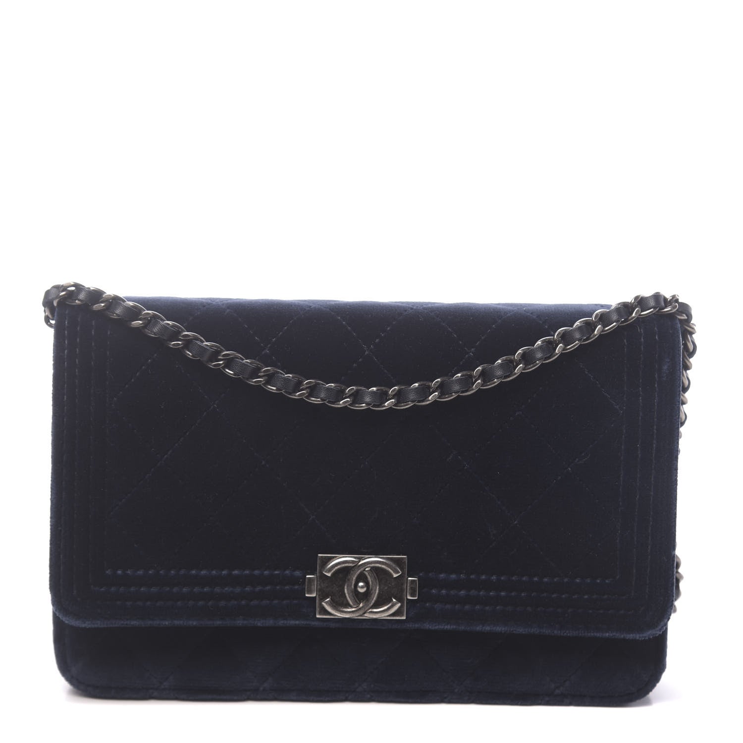 Chanel Velvet Quilted Boy Wallet On Chain WOC Navy 1 of 14