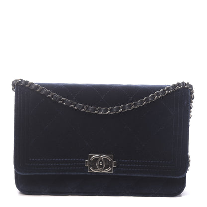 Chanel Velvet Quilted Boy Wallet On Chain WOC Navy 1 of 14