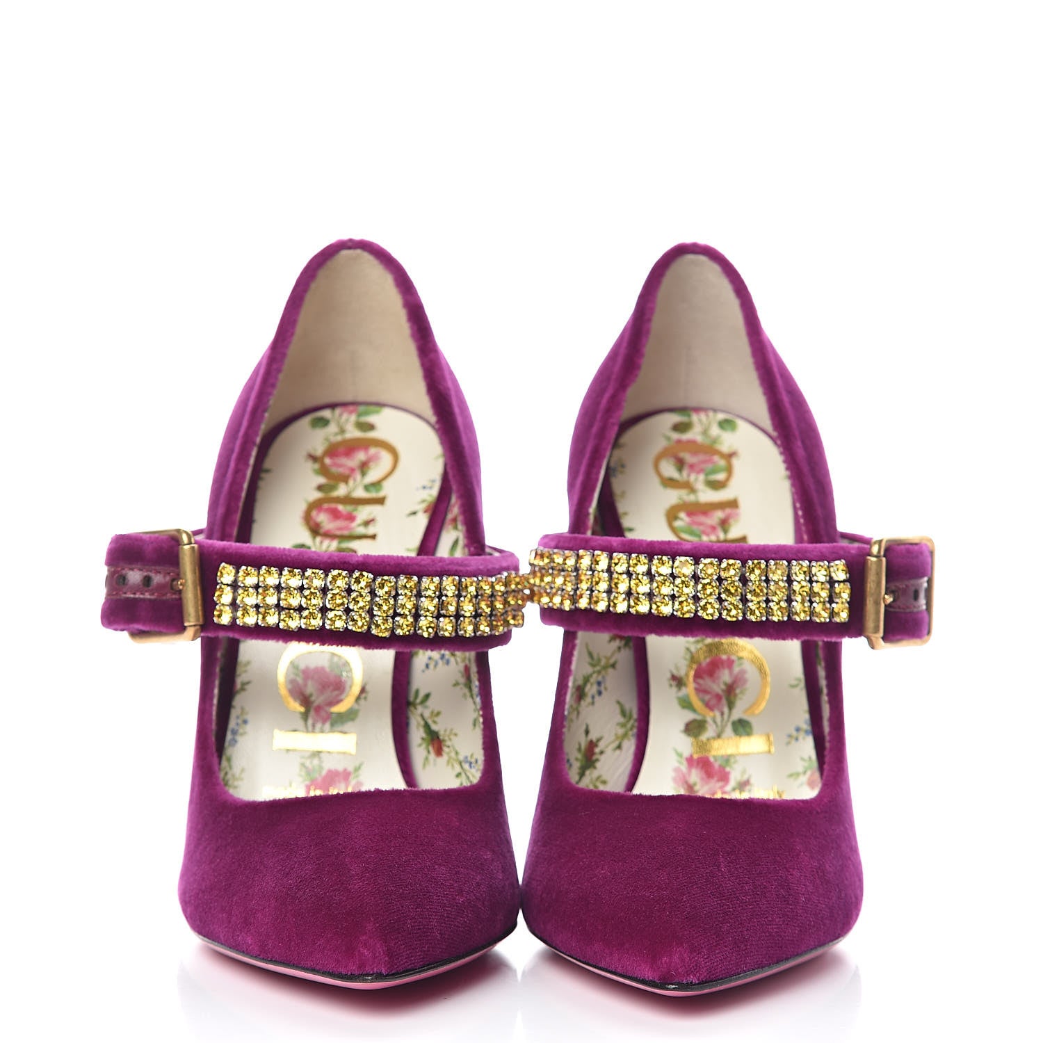 Gucci Velvet Crystal Embellished Sylvie High Heel Pumps 35 Fucsia Violet Cyclamen 2 of 10