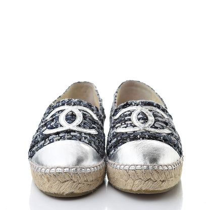 Chanel Metallic Tweed Lambskin CC Espadrilles 36 Blue Black Silver 2 of 10