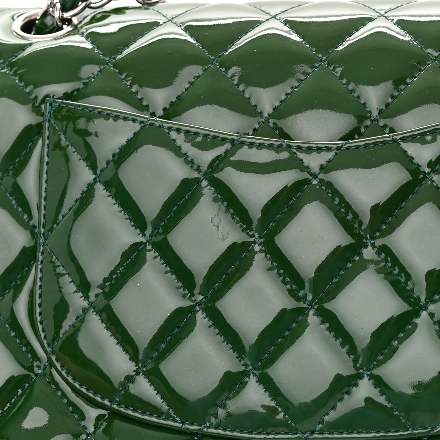 Patent Calfskin Quilted Medium Double Flap Green