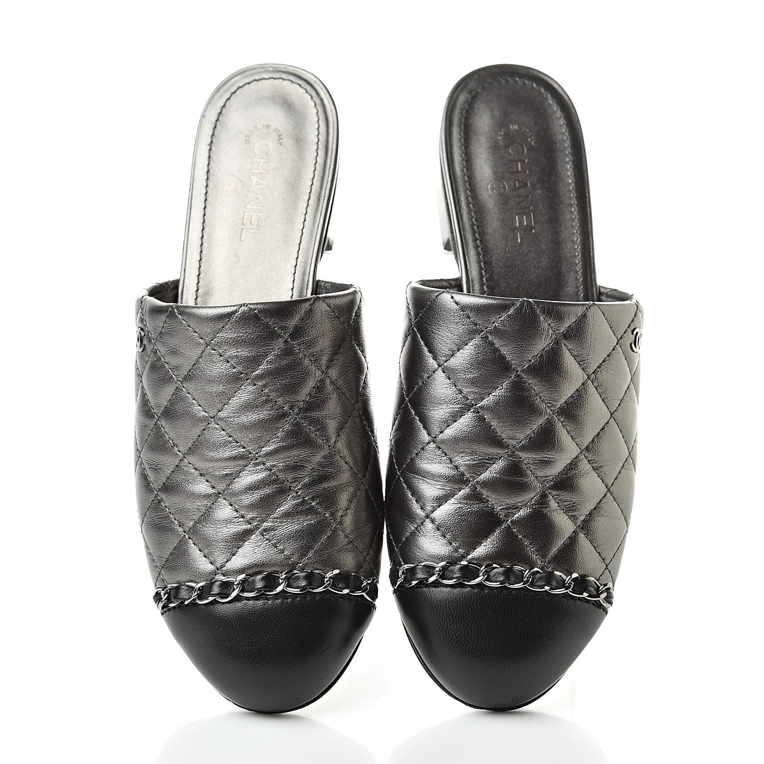 Chanel Iridescent Lambskin Quilted CC Chain Mules 36 Silver Black 7 of 16